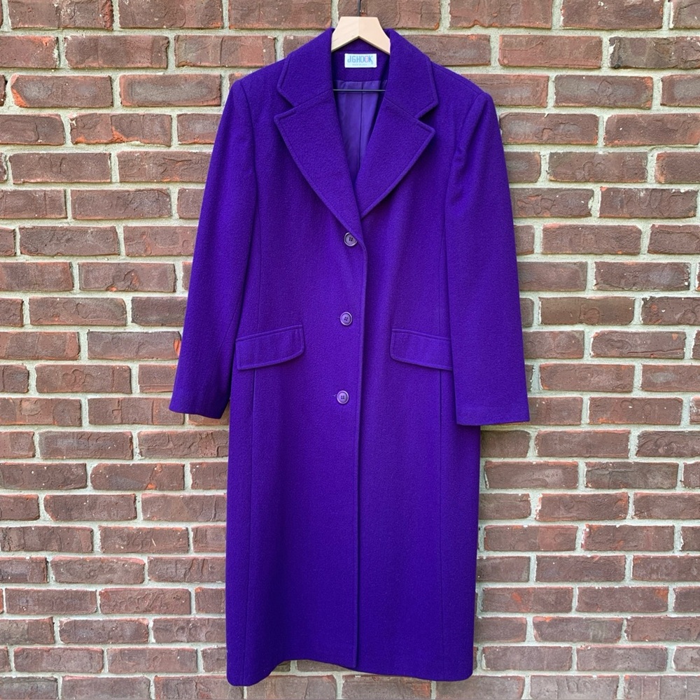 JG Hook Merino Wool Full Length Coat Purple Made In USA Vintage EUC Button Front